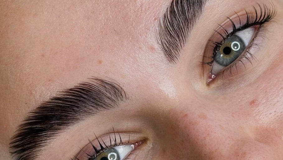 Close-up of expertly shaped eyebrows at Sandra Faria Beauty, Hudson, Massachusetts, US.