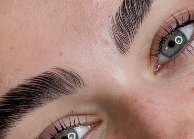 Close-up of expertly shaped eyebrows at Sandra Faria Beauty, Hudson, Massachusetts, US.