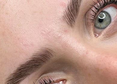 Close-up of expertly shaped eyebrows at Sandra Faria Beauty, Hudson, Massachusetts, US.