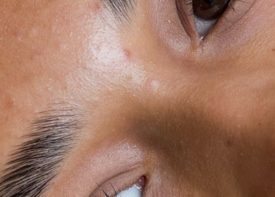 Close-up of clear skin highlighting eye and brow at Sandra Faria Beauty, Hudson, Massachusetts, US.