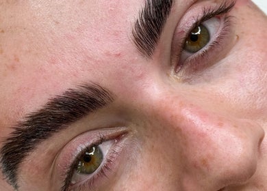 Close-up of perfectly groomed eyebrows at Sandra Faria Beauty, Hudson, Massachusetts, US.