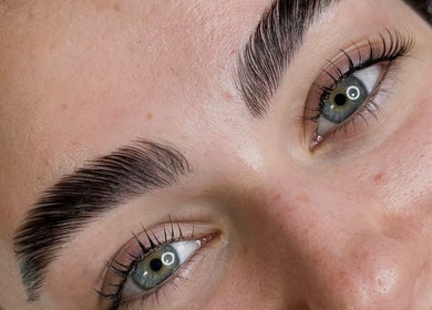 Close-up of expertly shaped brows at Sandra Faria Beauty, Hudson, Massachusetts, US.