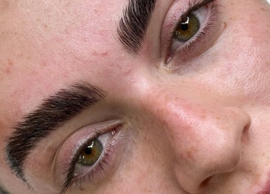 Close-up of expertly shaped brows at Sandra Faria Beauty in Hudson, Massachusetts, US.