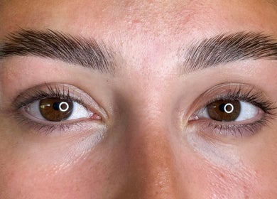 Close-up of perfectly shaped eyebrows at Sandra Faria Beauty, Hudson, Massachusetts, US.