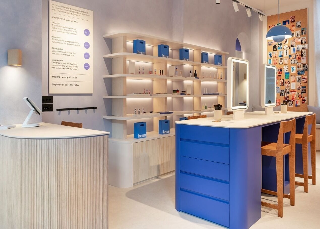 Chic Beam beauty spa interior in London, England, GB with modern decor and stylish blue accents.