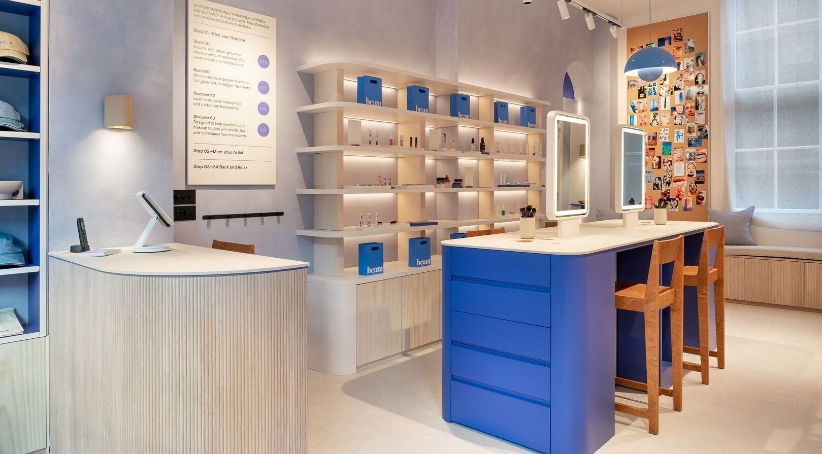 Chic Beam beauty spa interior in London, England, GB with modern decor and stylish blue accents.
