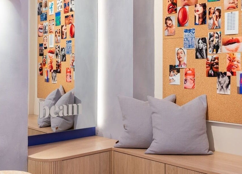 Cozy lounge with art collage on the wall at Beam, London, England, GB.