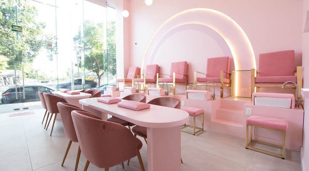 Elegant pink nail salon interior at The Nail Atelier, Playa Del Carmen, Quintana Roo, MX.