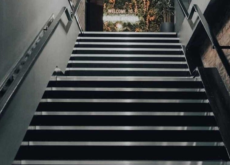 Stairway leading to entry of Active plus therapy by saule in Glasgow, Scotland, GB, with lush foliage decor.