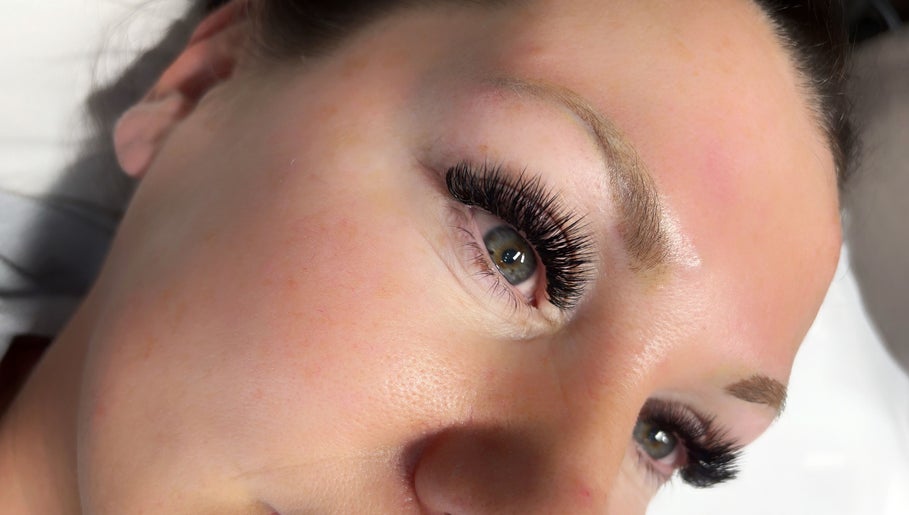 Close-up of eyelash extensions at Lucyna Lashes, Milton Keynes, England, GB showcasing detailed lash work.