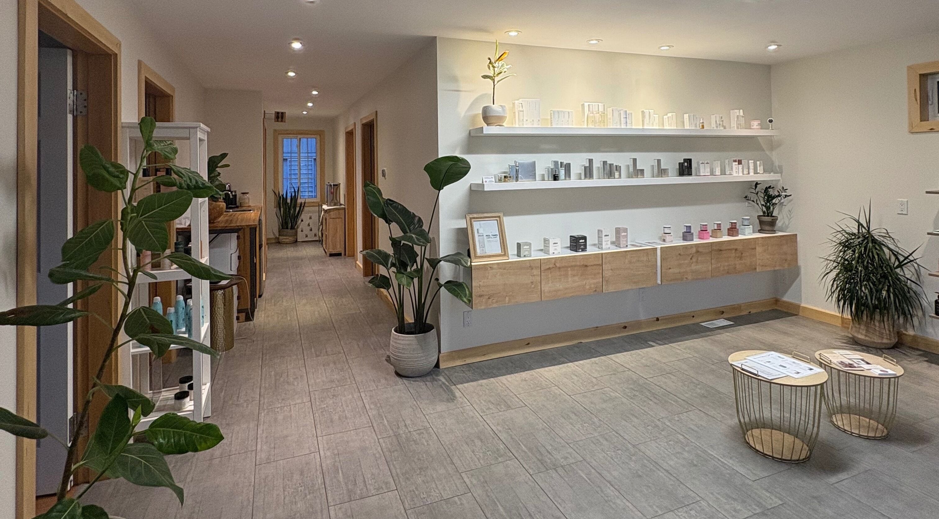 Modern skincare area at Le Saphir Esthetique in L’Orignal, Ontario, CA showcasing sleek shelving and lush plants.
