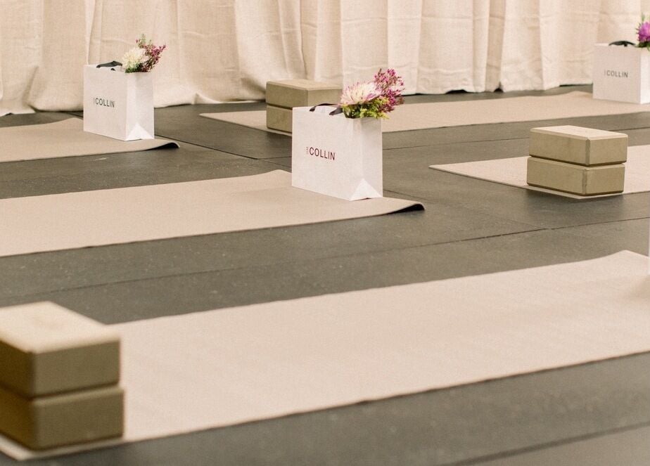 Yoga mats and gift bags at Le Saphir Esthetique, L’Orignal, Ontario, CA, ready for a wellness session.