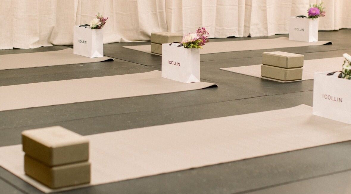 Yoga mats and gift bags at Le Saphir Esthetique, L’Orignal, Ontario, CA, ready for a wellness session.