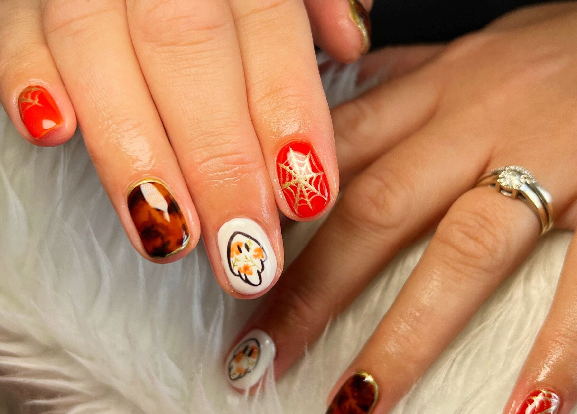 Intricate fall-themed nail art at Rockets Nails by Vicki, Beverley, England, GB.