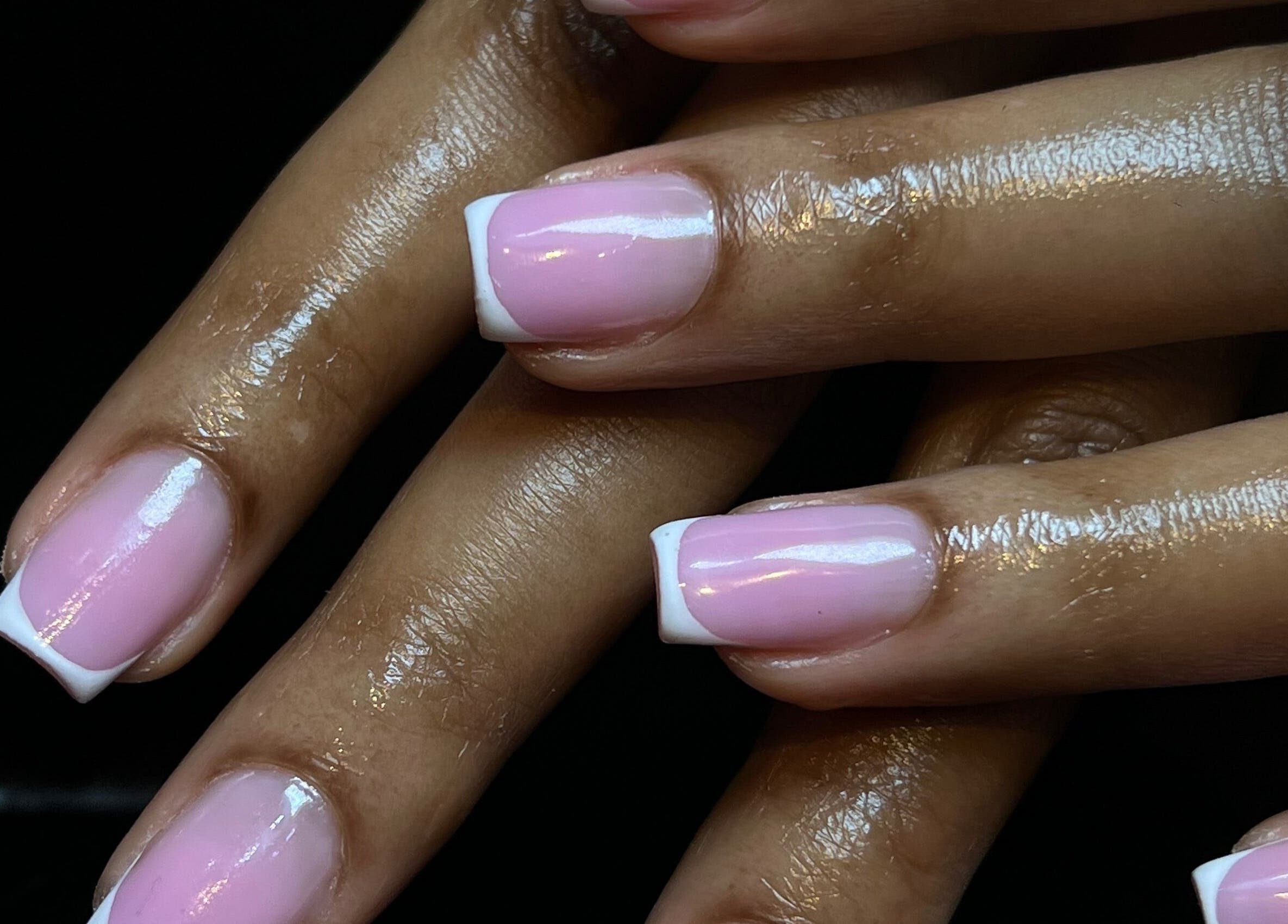 Close-up of elegant pink and white nails at The Nail Lab, Abuja, Federal Capital Territory, NG.