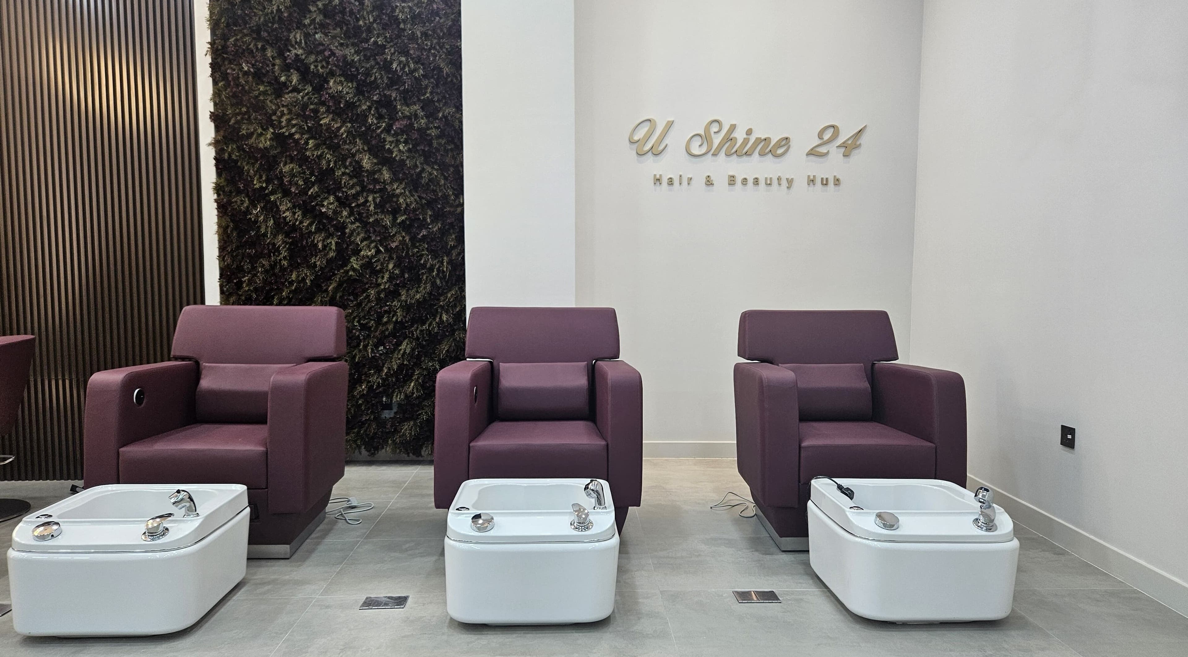 Elegant salon chairs at Ushine 24 Hair & Beauty Hub, Dubai, Dubai, AE, offer luxury beauty experiences.