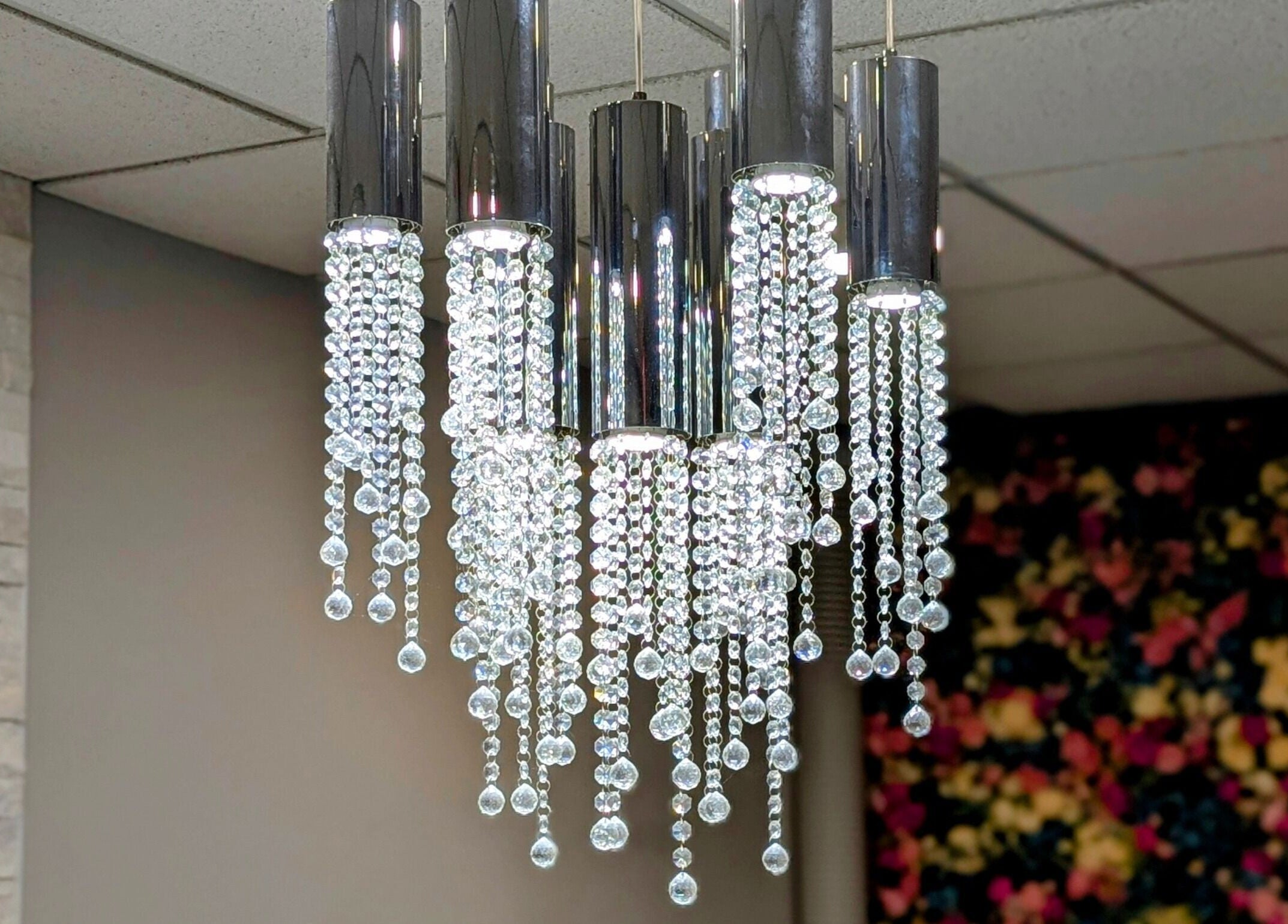 Glistening crystal chandelier at Lashes by Katie and Skincare in Bethesda, Maryland, US.