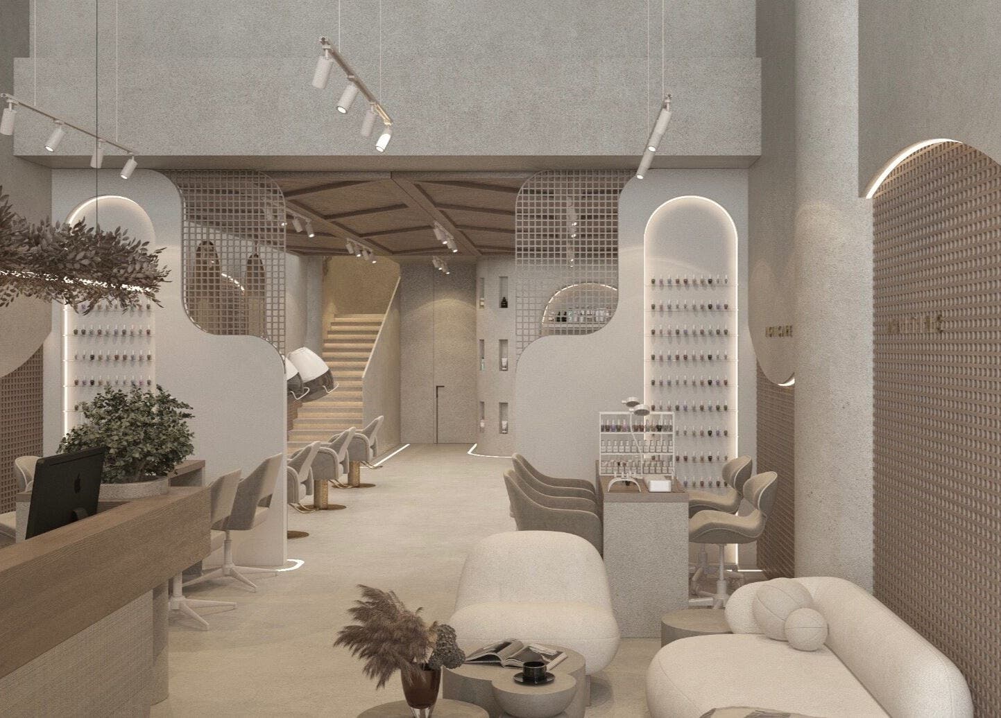 تصميم داخلي أنيق في Bayan Makeup Bar & Spa بالرياض، منطقة الرياض، SA يظهر مناطق تجميل مريحة.