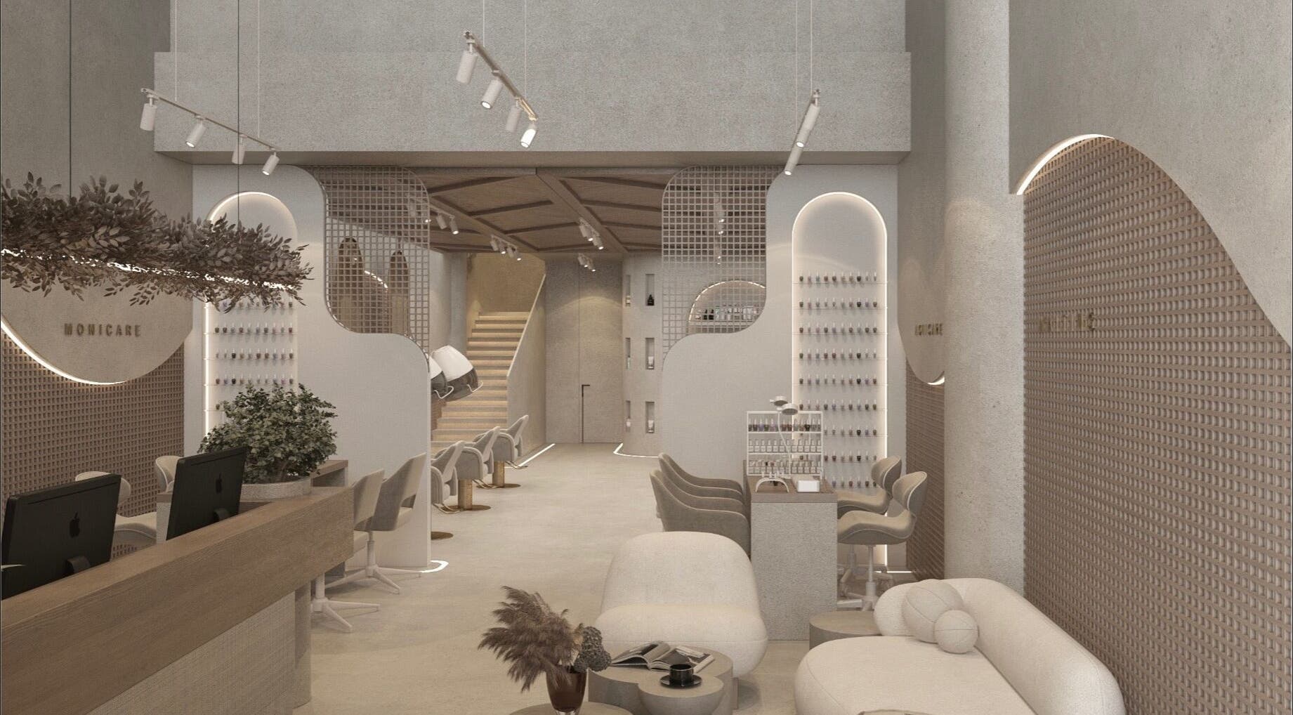 تصميم داخلي أنيق في Bayan Makeup Bar & Spa بالرياض، منطقة الرياض، SA يظهر مناطق تجميل مريحة.