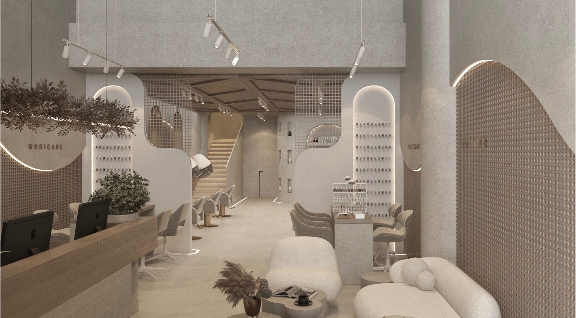 تصميم داخلي أنيق في Bayan Makeup Bar & Spa بالرياض، منطقة الرياض، SA يظهر مناطق تجميل مريحة.