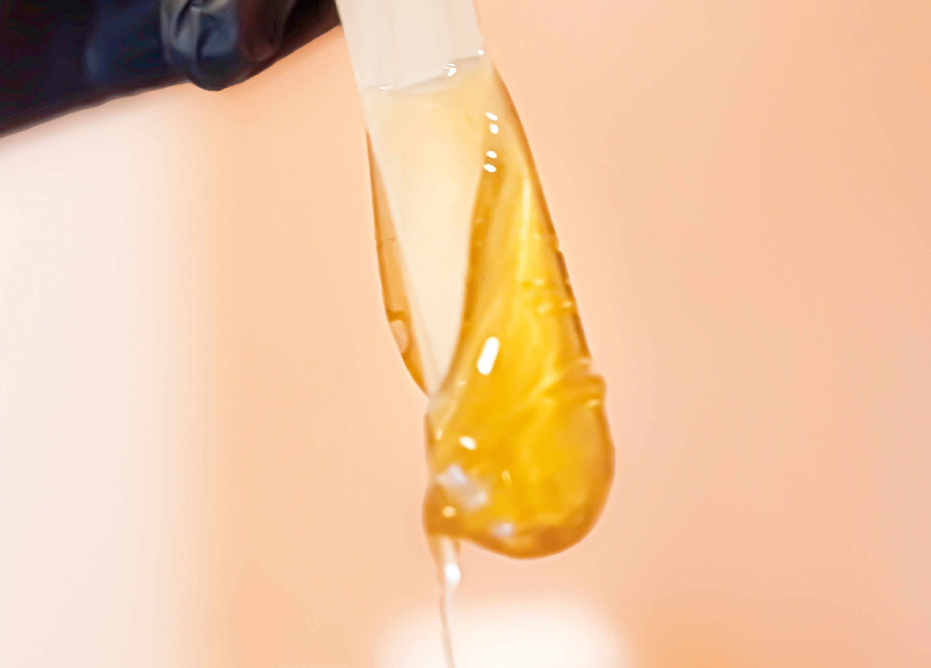 A drop of golden liquid held in a gloved hand at Kanti Studio, Colwick, England, GB.