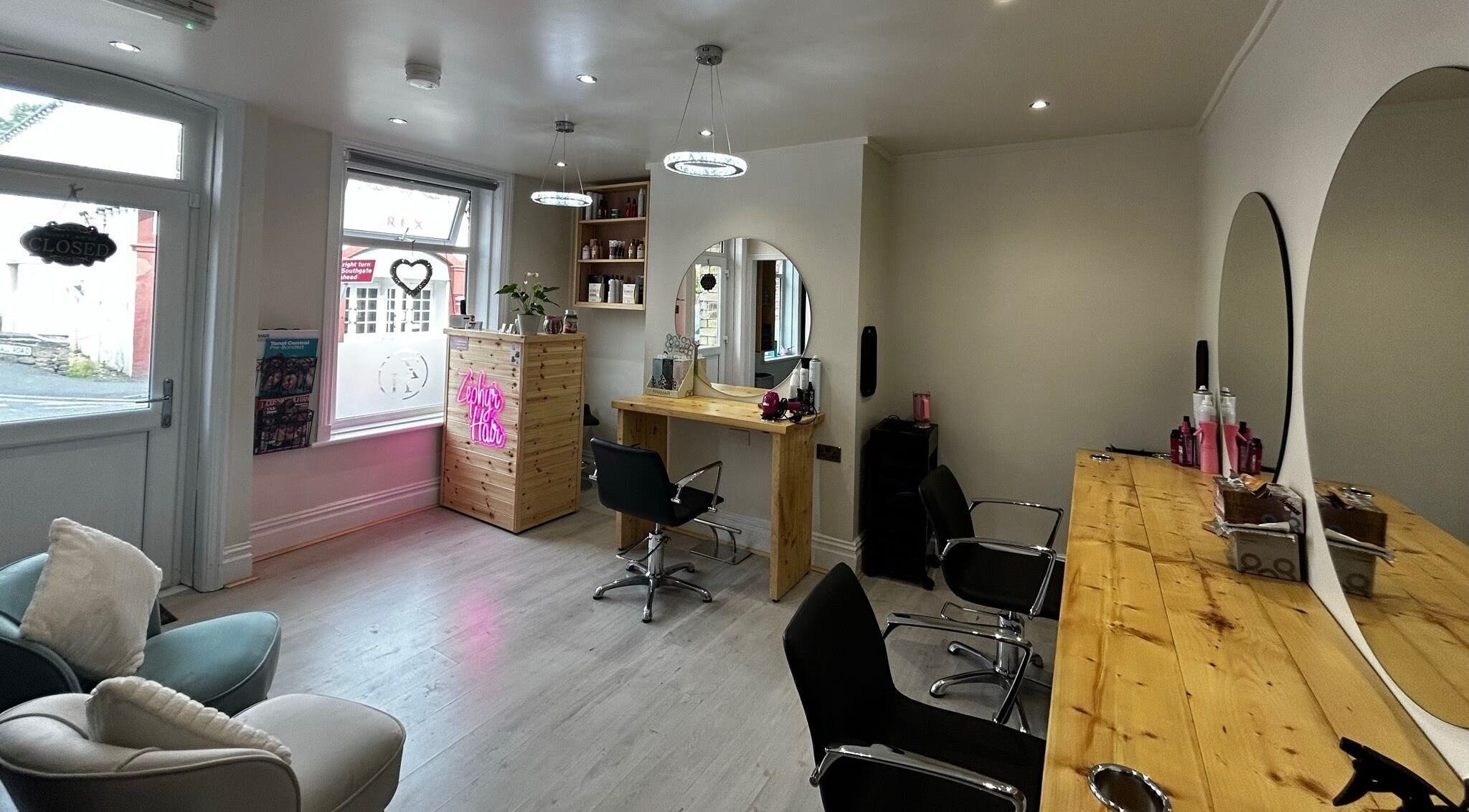 Chic interior of Zephyr Hair in Elland, England, GB, featuring a welcoming, modern salon space.