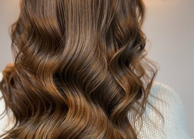 Elegant wavy brunette hairstyle at Preston & Co Hairdressing, Clayton-le-woods, England, GB.