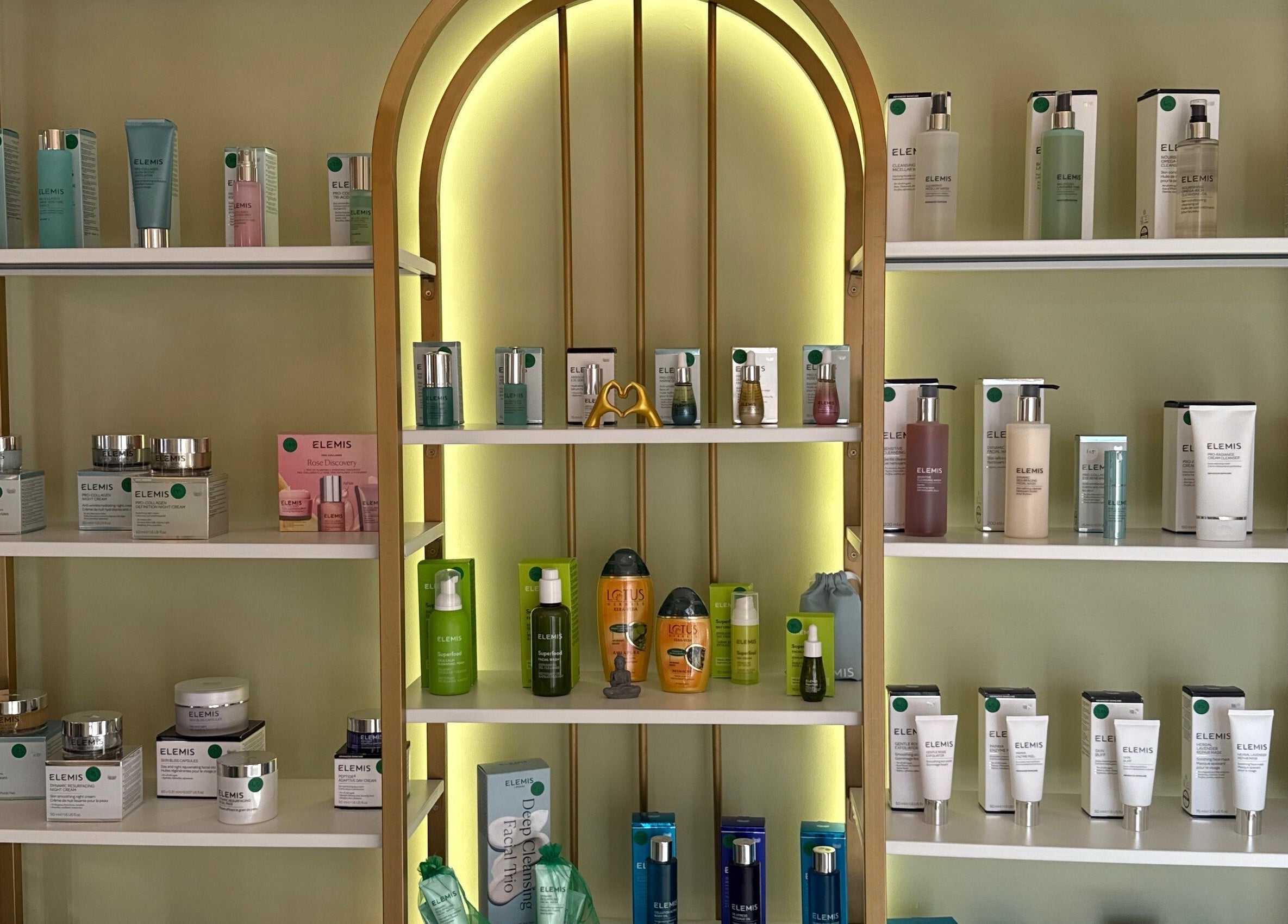 Product shelves at Driftwood Spa West End, Tortola British Virgin Island, Tortola, VG showcasing premium skincare.