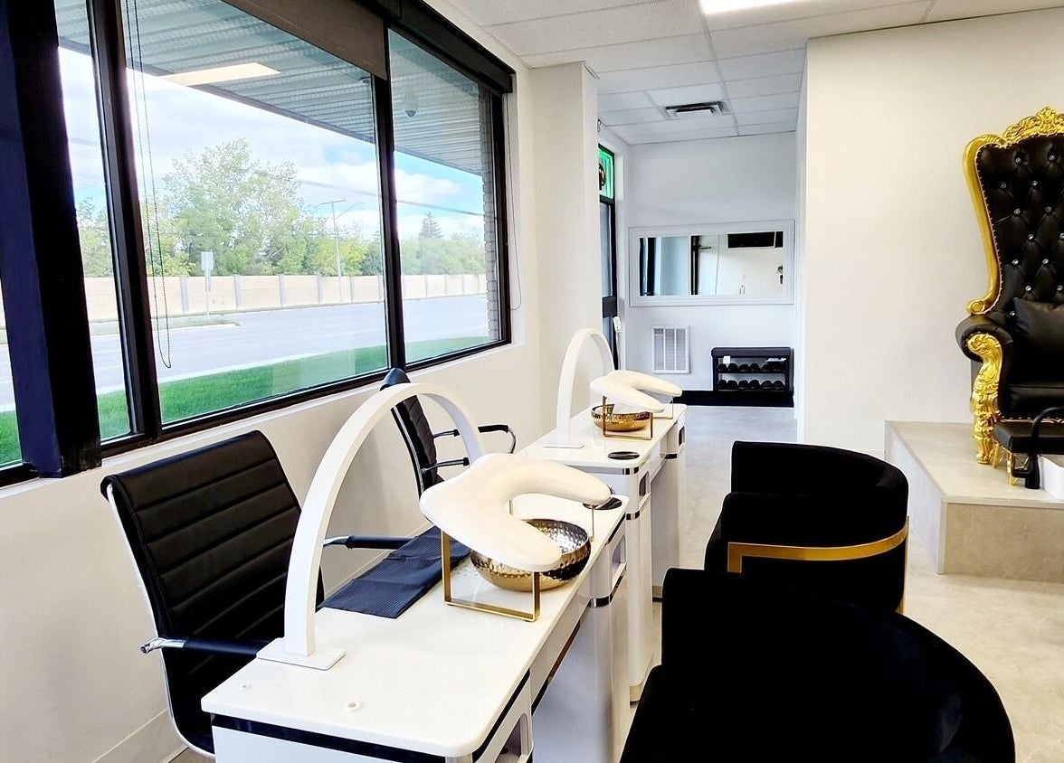Luxurious seating area at Blissful Spa, Saskatoon, Saskatchewan, CA, with elegant pedicure chairs.