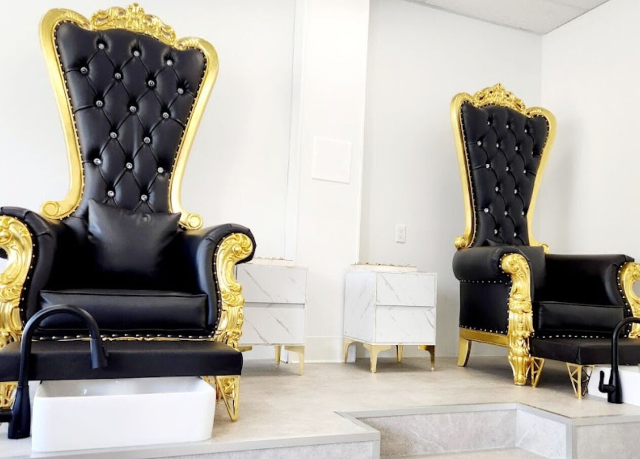 Luxurious pedicure chairs at Blissful Spa, Saskatoon, Saskatchewan, CA create an elegant and opulent spa experience.