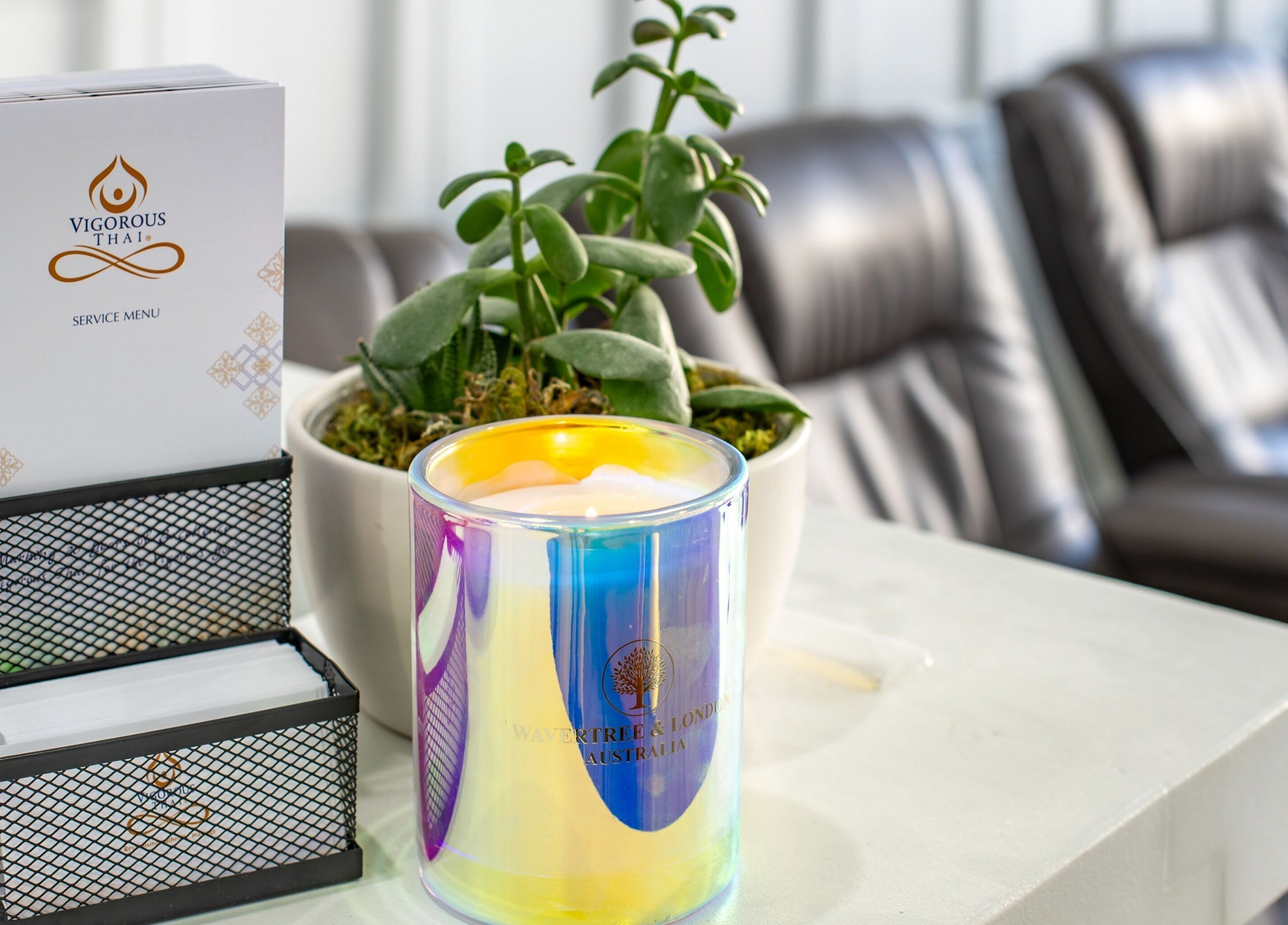 Relaxing space at Vigorous Thai - Moonee Ponds with candle and plant in Moonee Ponds, Victoria, AU.