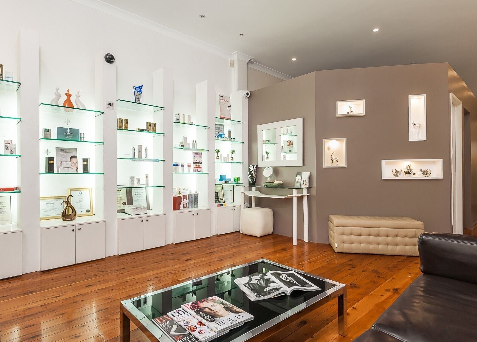 Sophisticated interior of Diva Face and Body Clinic in Strathfield, New South Wales, AU showcasing product displays.