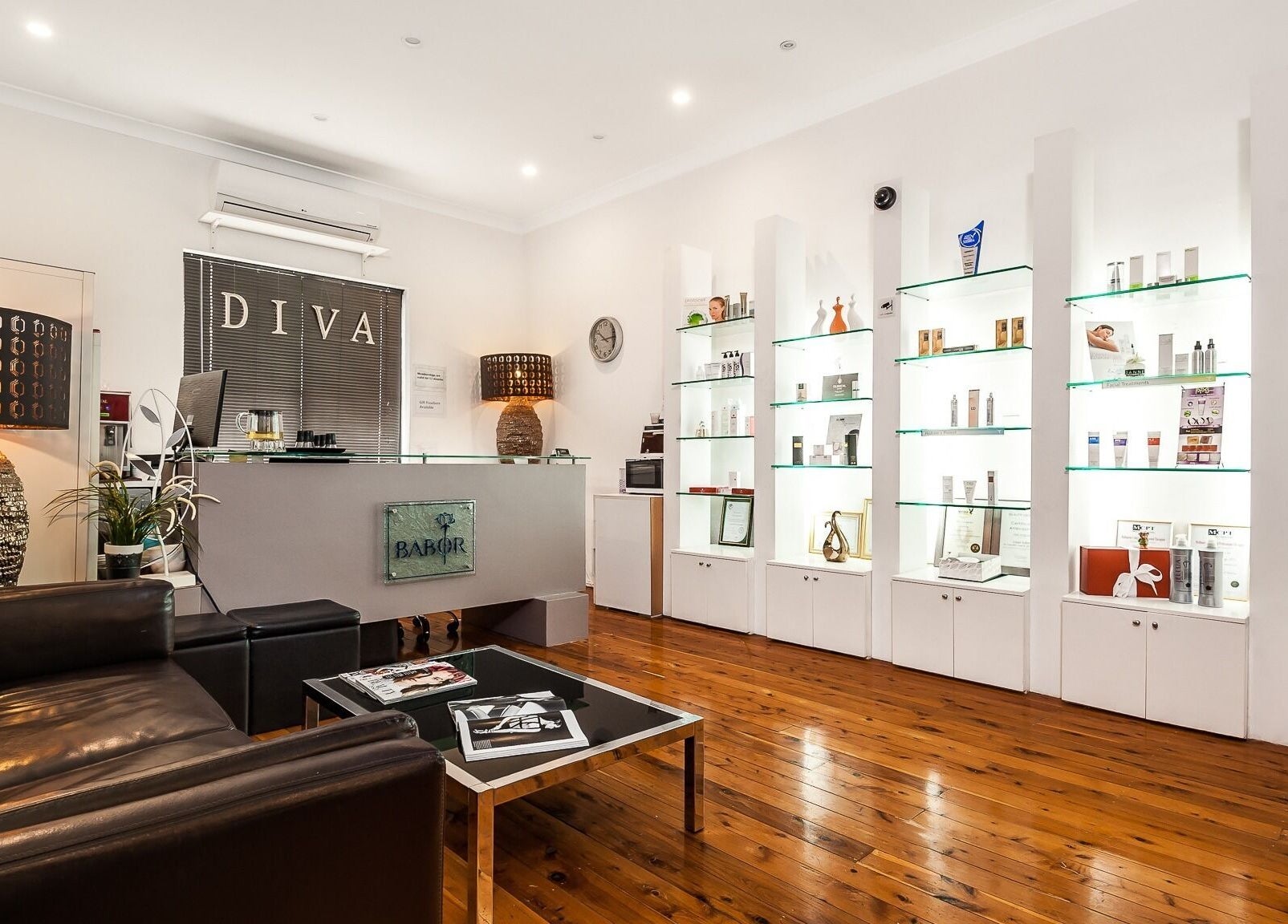 Modern interior of Diva Face and Body Clinic in Strathfield, NSW, AU with sleek decor and product displays.