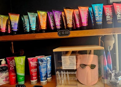 Tanning products and skincare displayed at Eclipse Tanning Studio in Launceston (Anglia), Cornwall, GB.