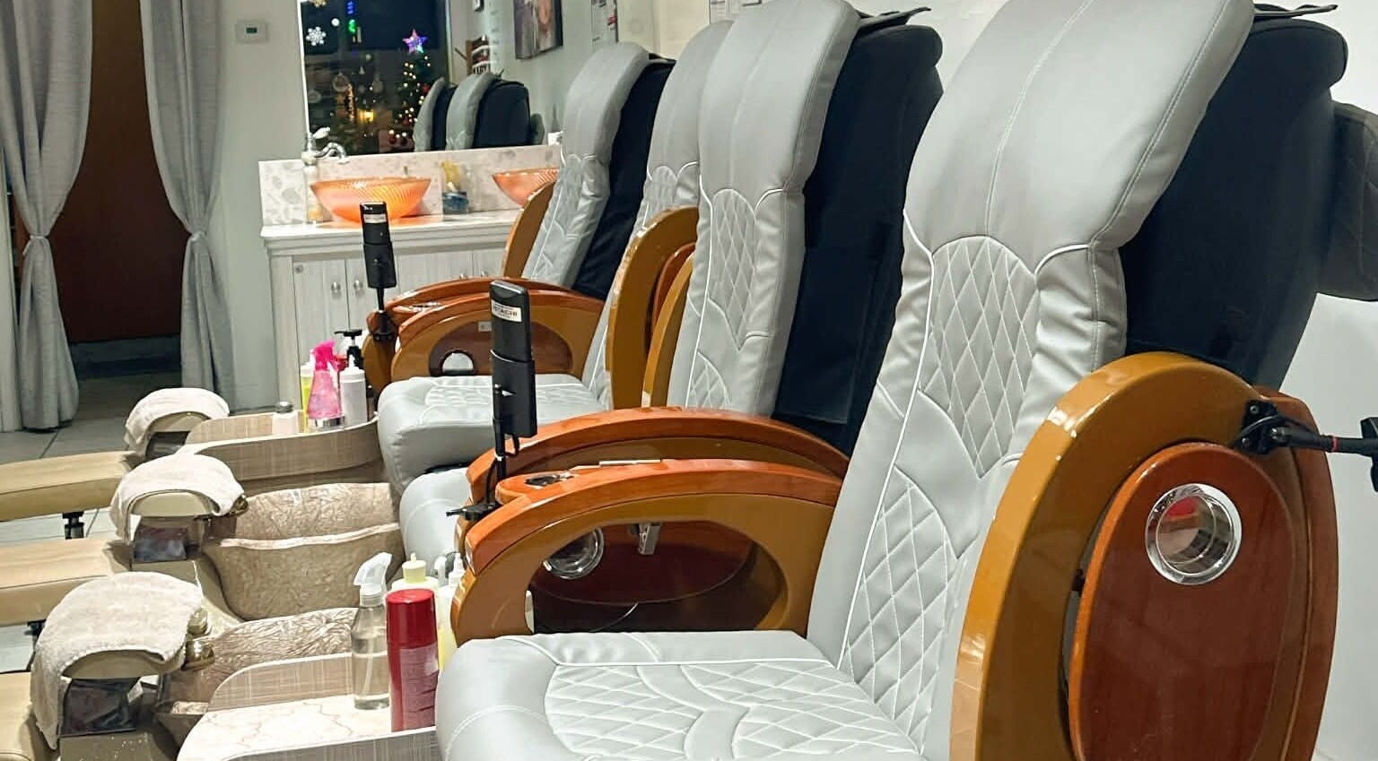 Comfortable pedicure chairs at Malena Nails & Spa, Chelmsford, Massachusetts, US ready for customers.