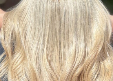 Golden blonde hair waves styled at V•Hair Studio ByVera, Melbourne, Victoria, AU.