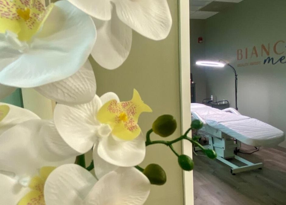 Bright orchids at Bonita Hub, a peaceful treatment room in Rolling Meadows, Illinois, US.