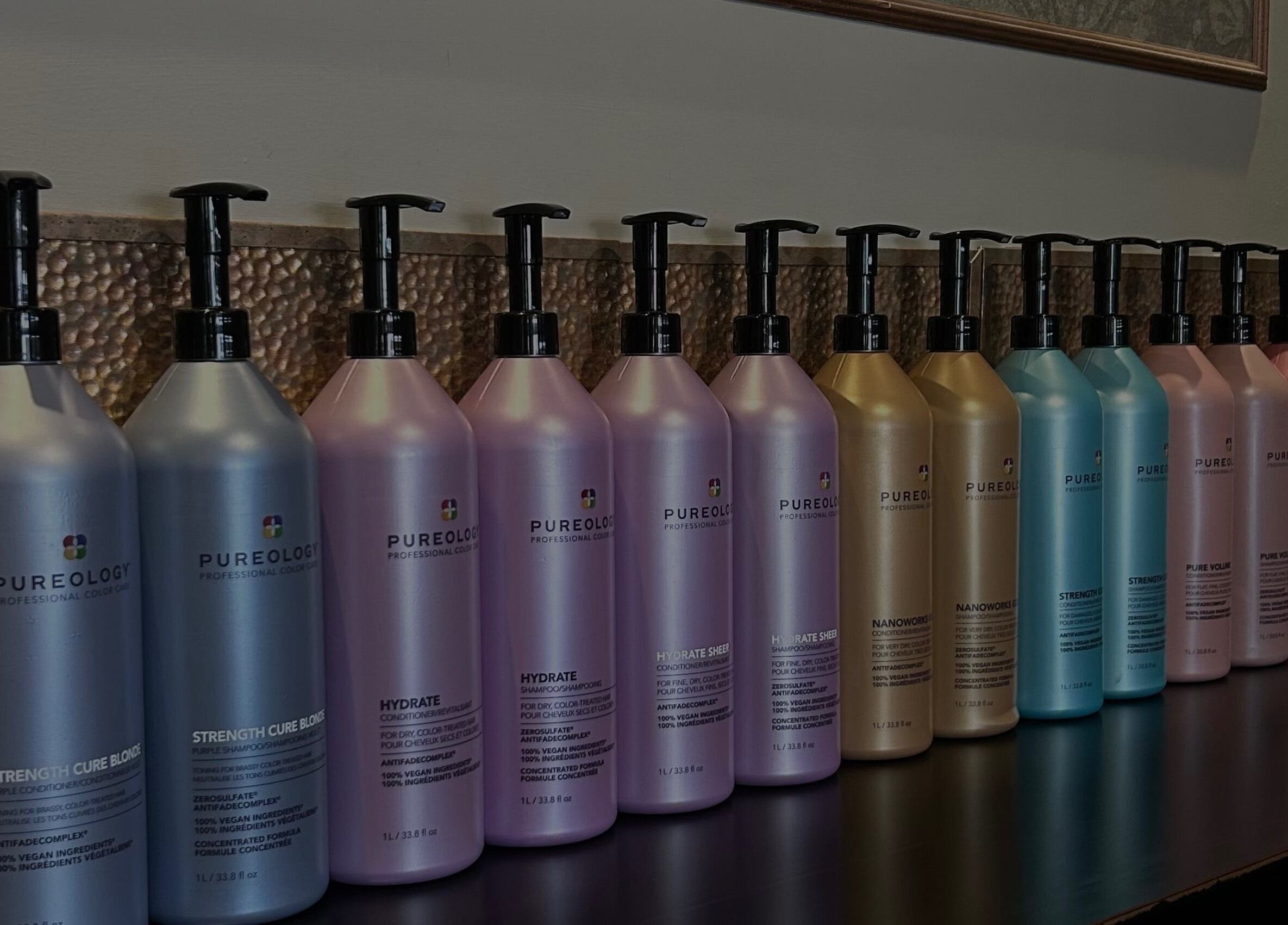 Line of Pureology products at Couture Hair Studio & Spa, Mitchell, Ontario, CA.