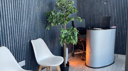 Modern reception at Harmony Lounge, London, England, GB with sleek chairs and lush plant.