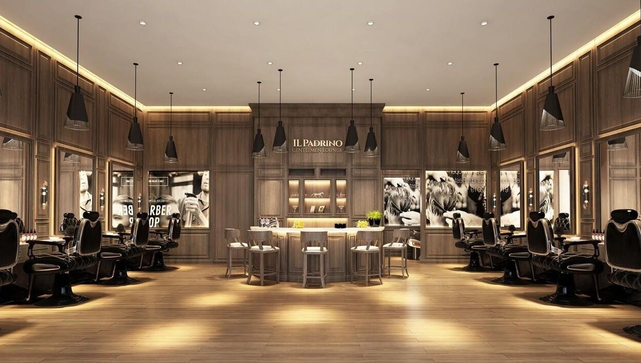 Elegant interior of Il Padrino Gentlemen Lounge - Meadows Village in Dubai, AE featuring stylish wooden decor.