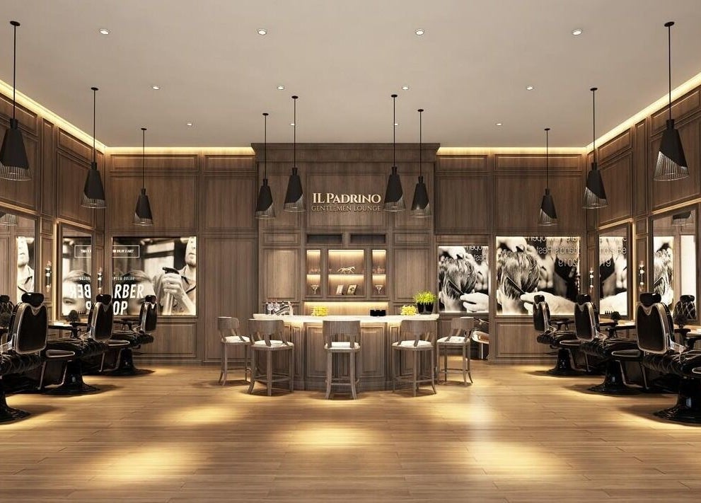 Elegant interior of Il Padrino Gentlemen Lounge - Meadows Village in Dubai, AE featuring stylish wooden decor.