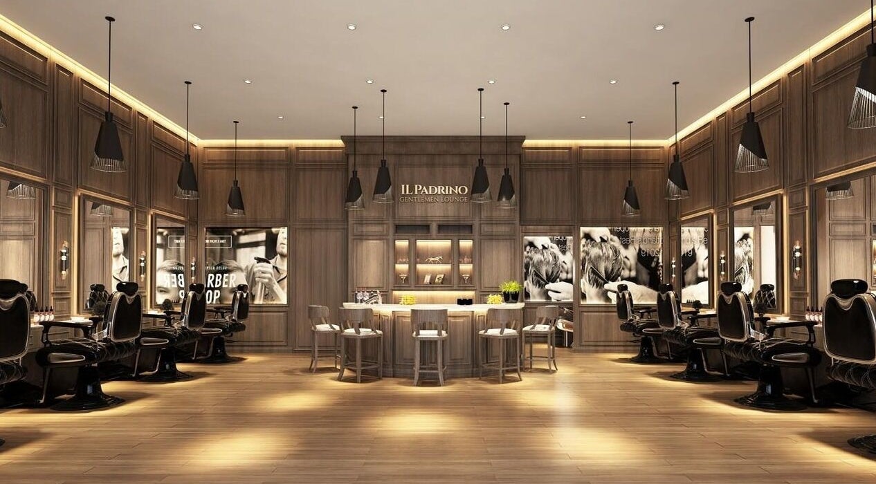 Elegant interior of Il Padrino Gentlemen Lounge - Meadows Village in Dubai, AE featuring stylish wooden decor.