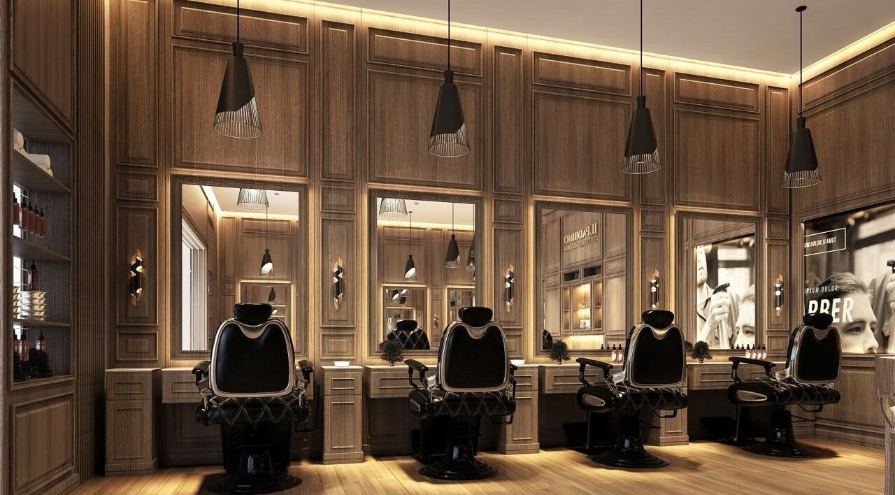 Luxurious barber chairs at Il Padrino Gentlemen Lounge, Meadows Village, Dubai, AE, in an elegant wood-paneled room.