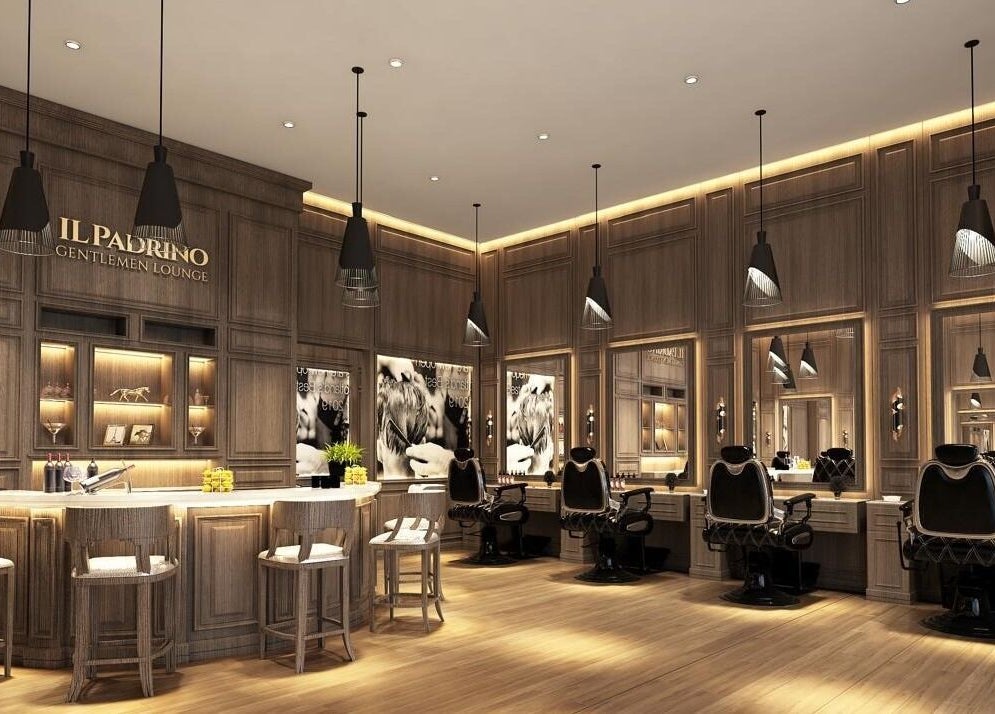 Elegant interior of Il Padrino Gentlemen Lounge - Meadows Village in Dubai, AE, showcasing luxury barber chairs.