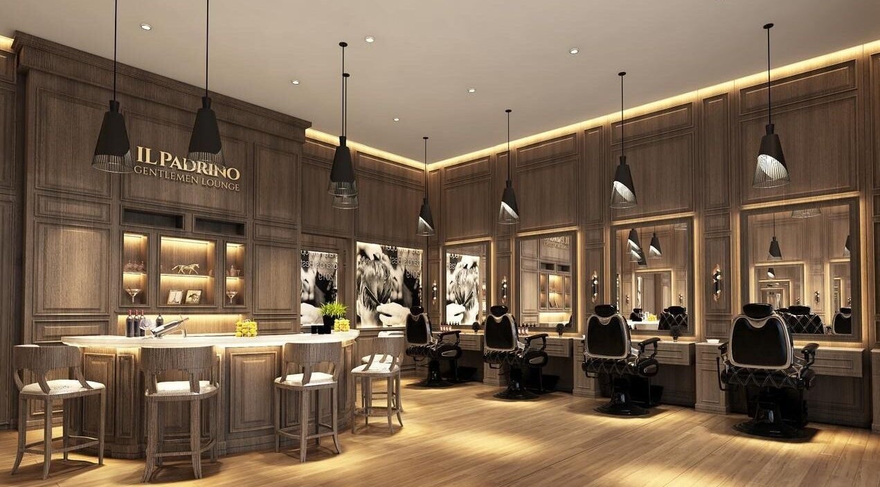 Elegant interior of Il Padrino Gentlemen Lounge - Meadows Village in Dubai, AE, showcasing luxury barber chairs.