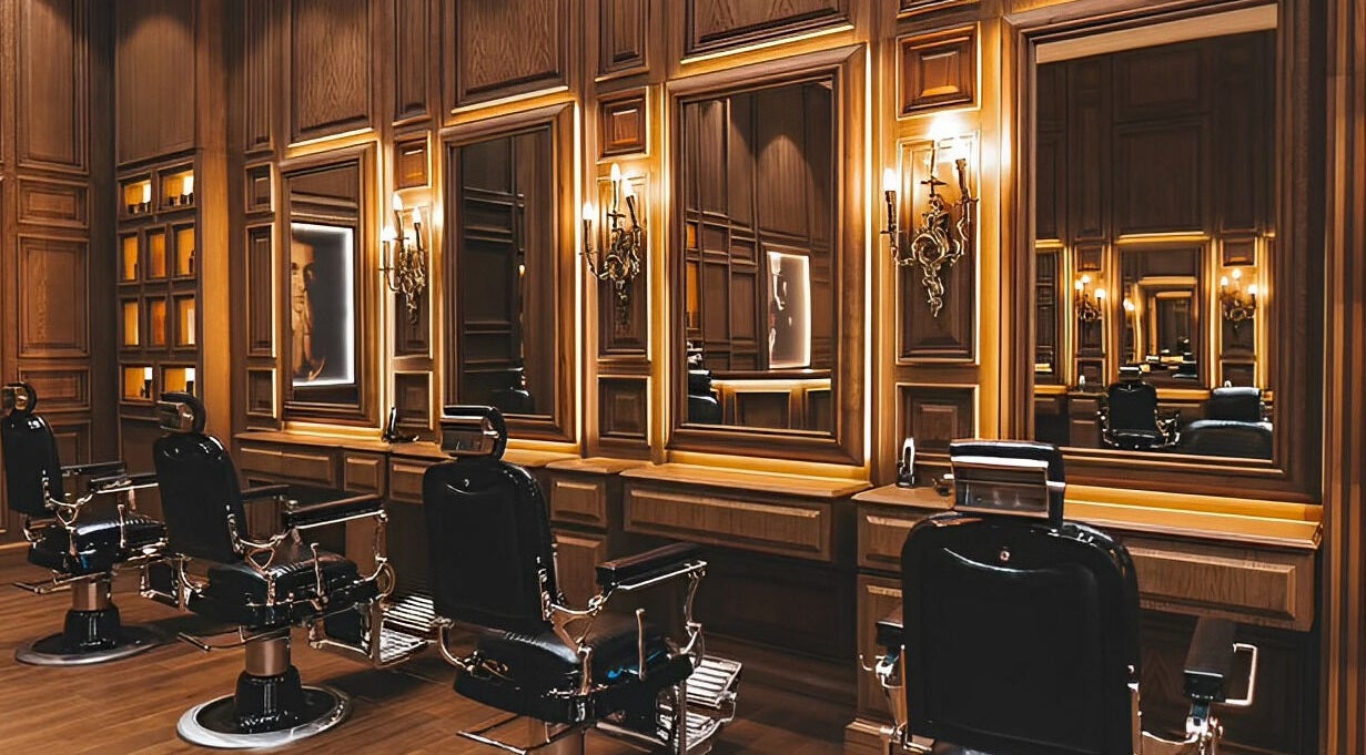 Elegant barber chairs at Il Padrino Gentlemen Lounge - Al Jada, Sharjah, offering luxury in Sharjah, Sharjah, AE.
