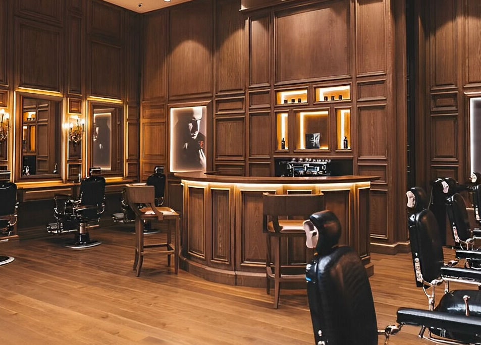 Sophisticated interior of Il Padrino Gentlemen Lounge in Al Jada, Sharjah, UAE with elegant barber chairs.