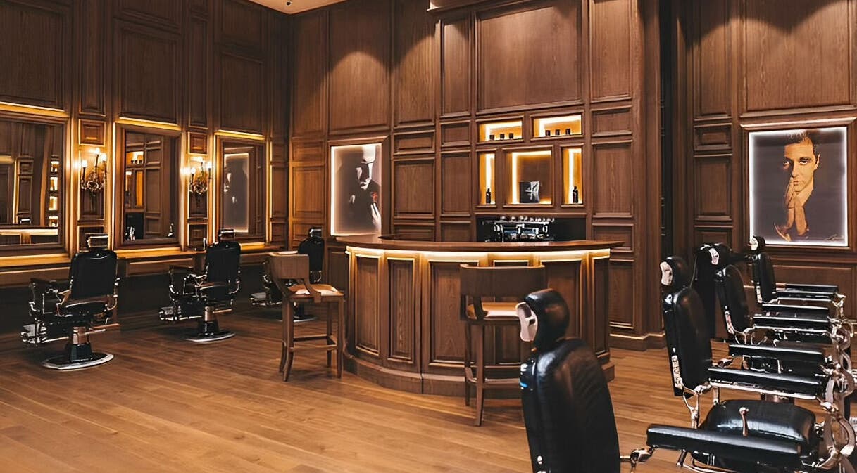 Sophisticated interior of Il Padrino Gentlemen Lounge in Al Jada, Sharjah, UAE with elegant barber chairs.