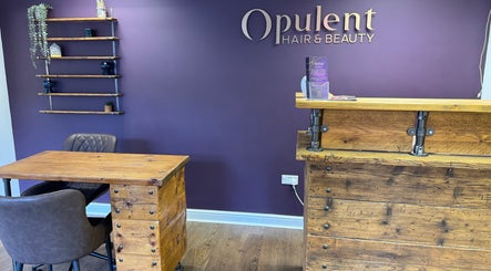 Reception at Kai @ Opulent Hair & Beauty in Cudworth, England, GB with wooden furniture and purple walls.