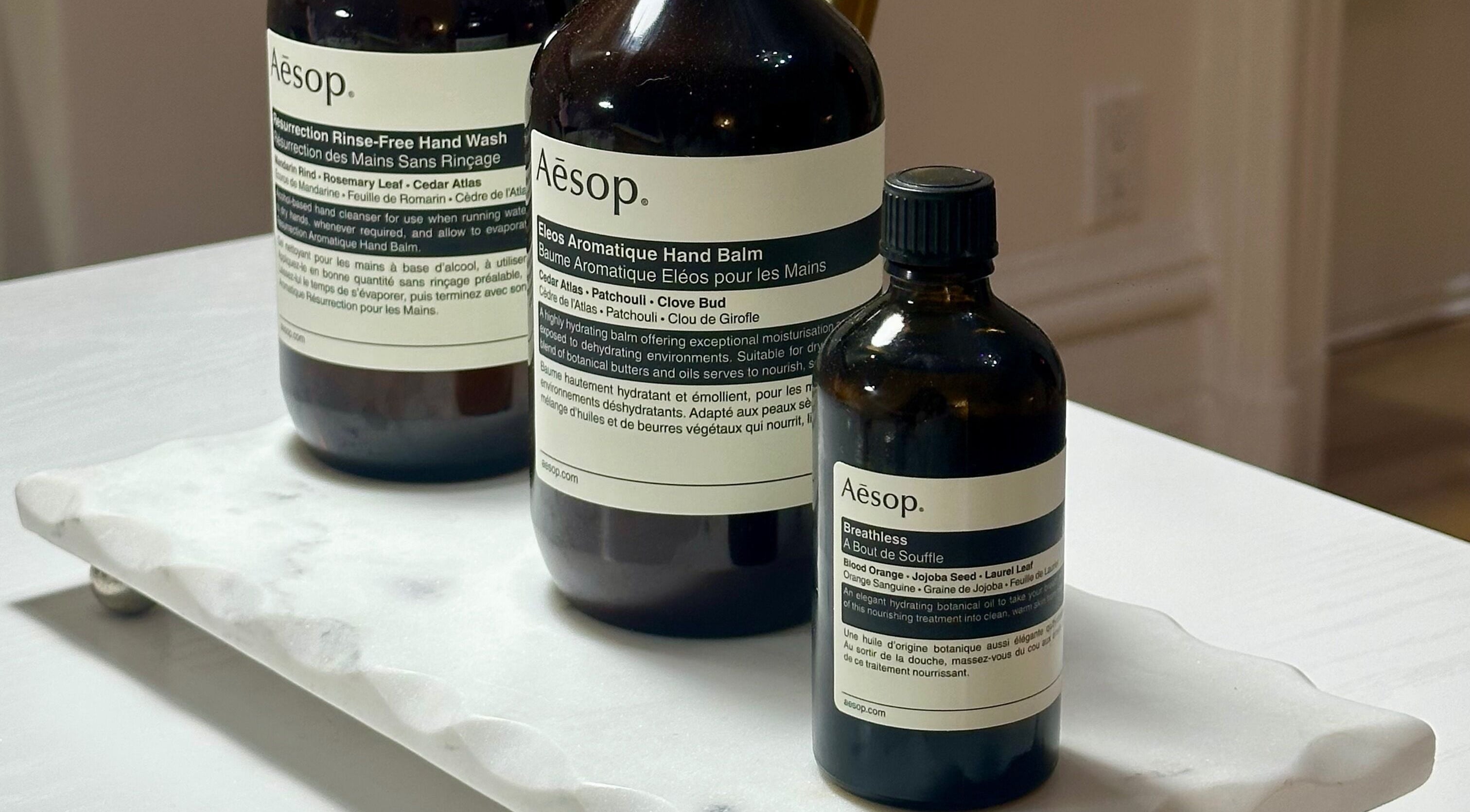 Elegant Aesop products on display at Tipsy By Lexie, Montréal, Québec, CA, enhance the beauty and wellness ambiance.